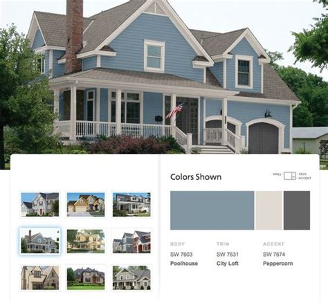 The right kind of paint can make any house feel inviting and truly personal at the same time. Traditional exterior paint palette with blue & gray colors ...