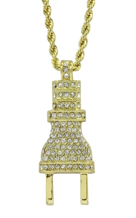 Icy Cz Plug Pendant 14k Gold Plated 24 Rope Necklace Hip Hop Fashion Ebay