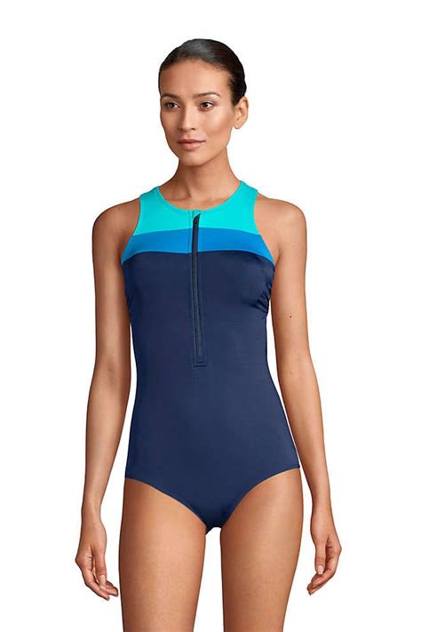 Womens Chlorine Resistant Zip Front One Piece Athletic Swimsuit