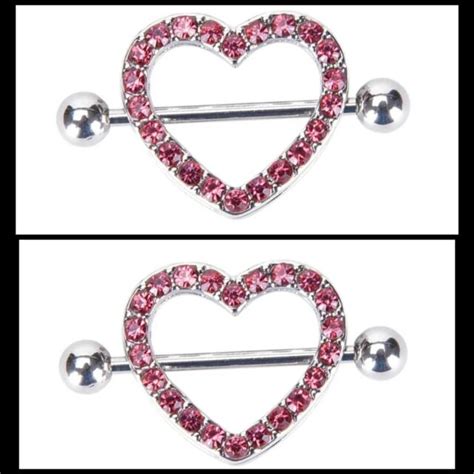 1 pair pink gemstone straight barbell heart shaped shield nipple piercing set ebay