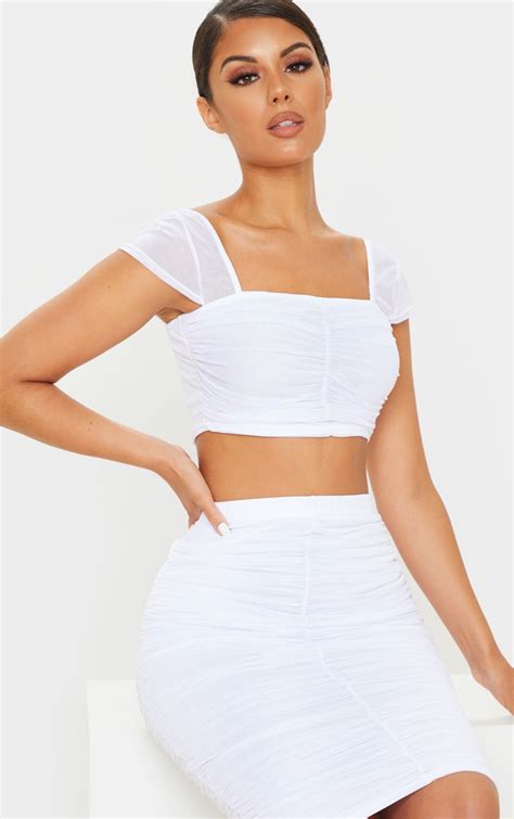 White Mesh Ruched Front Crop Top Co Ords Prettylittlething