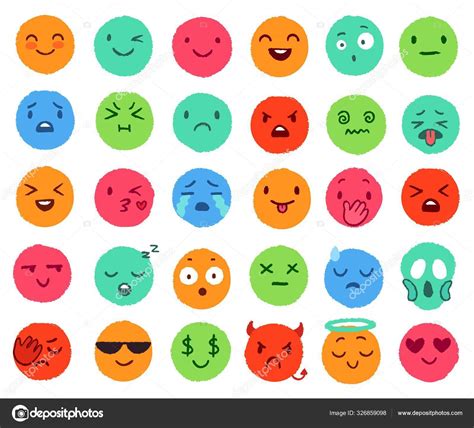 Hand Drawn Color Emoji Colorful Doodle Faces Happy Emoticon And