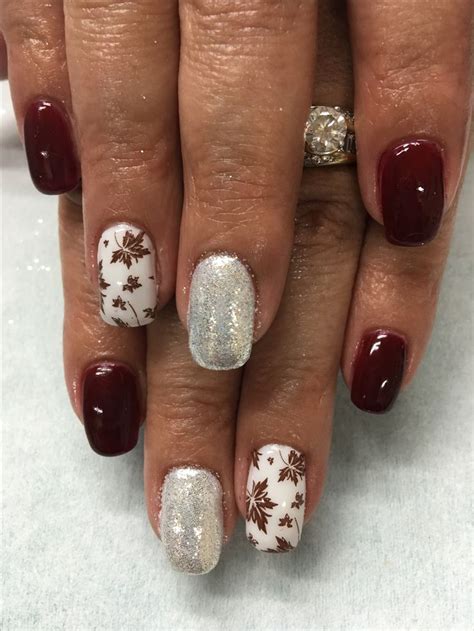 Burgundy Wine Sparkle White Leaf Stamped Fall Gel Nails Fall Gel Nails Nail Polish Colors