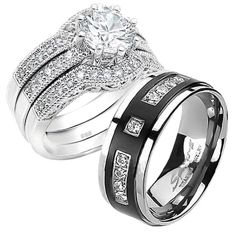 Alibaba.com offers 3,852 sterling silver wedding ring set products. His Hers 4pcs Black Titanium 9 CZs Matching Band Women ...