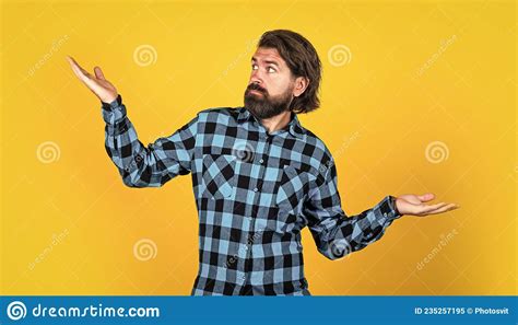Bearded Man In Checkered Shirt Brutal Guy With Emotional Face Casual
