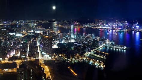 Wallpaper City Night View Hong Kong Skyscrapers Sea Lights
