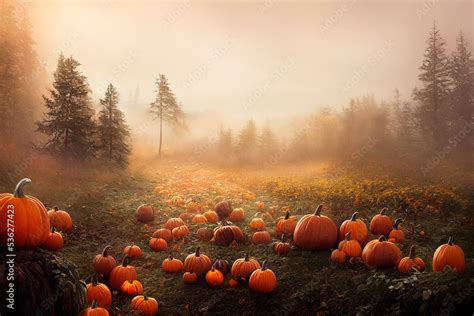 Thanksgiving And Halloween Pumpkins In Autumn Forest Fall Season