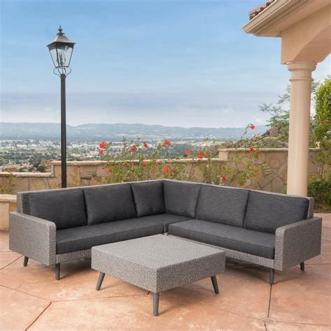 Noble House 4 Piece Faux Rattan Patio Sectional Seating Set With Dark