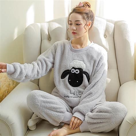 winter long sleeve women pajamas set cartoon sheep coral fleece thick warm pyjamas set female
