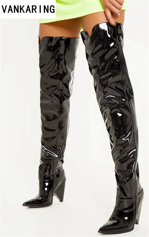 New Fashion Patent Leather Runway Boots Women Over The Knee High Boots