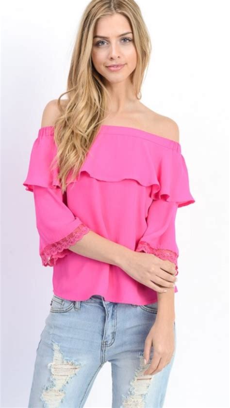 Hot Pink Off The Shoulder Top Wlace Trim Long Tops Long Sleeve Tops