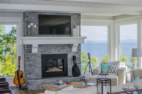 Living Room Ledge Stone Fireplace Tv