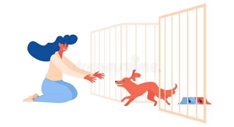 Pet Shelter Scene With Dog Running To Girl Out Of Cage Happy Animal