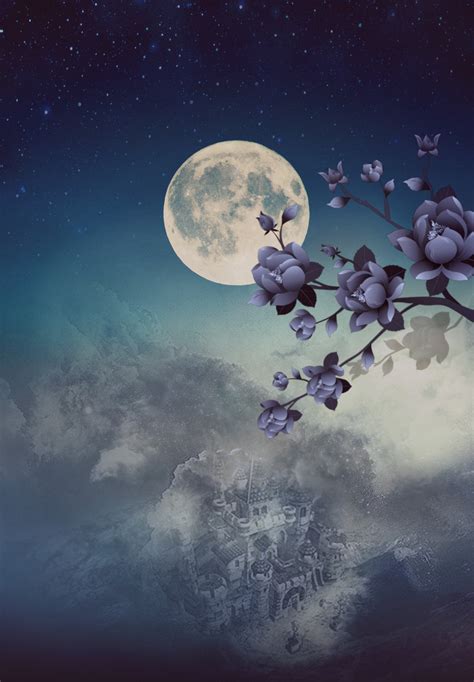 Pa Picsart Moon Sky Clouds Flowers Blue Purple Night