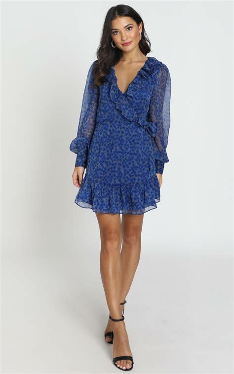 Alesha Long Sleeve Mini Dress In Cobalt Blue Floral Showpo Usa