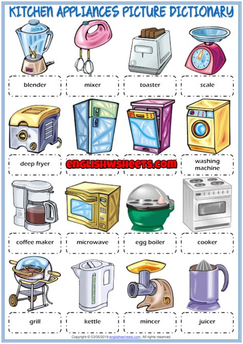Kitchen Appliances Esl Picture Dictionary Worksheet For Kids