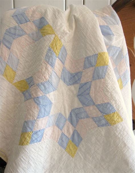 Antique Quilt Star Quilt In Pink Yellow Blue Vintage Six Pointed