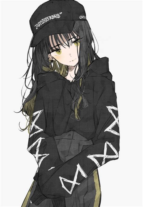 An Anime Character With Long Black Hair Wearing A Hat And Jacket