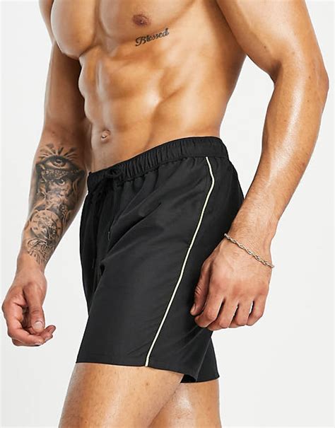 Asos Design Swim Shorts In Mid Length With Piping In Black Asos