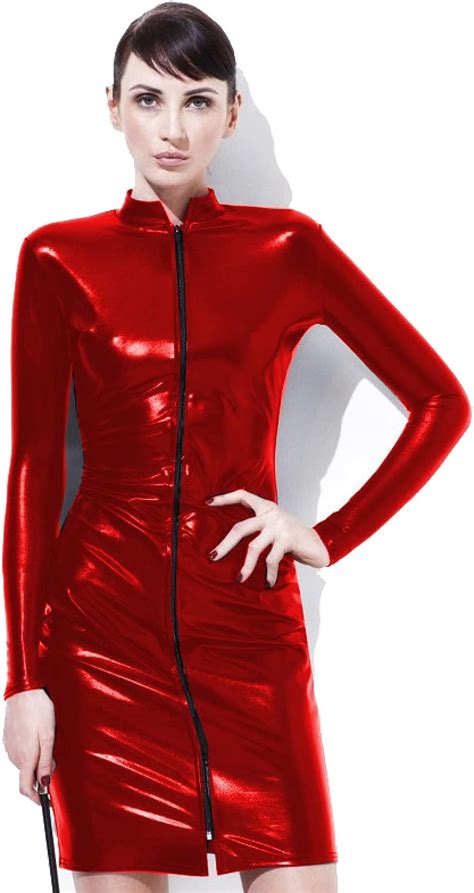 Faux Leather Bodycon Dress Women Sexy Long Sleeve Front Zipper Dress Wet Look Vinyl