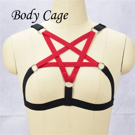 body cage summer harajuku sexy bra harness strap women red pentagram black elastic underwear