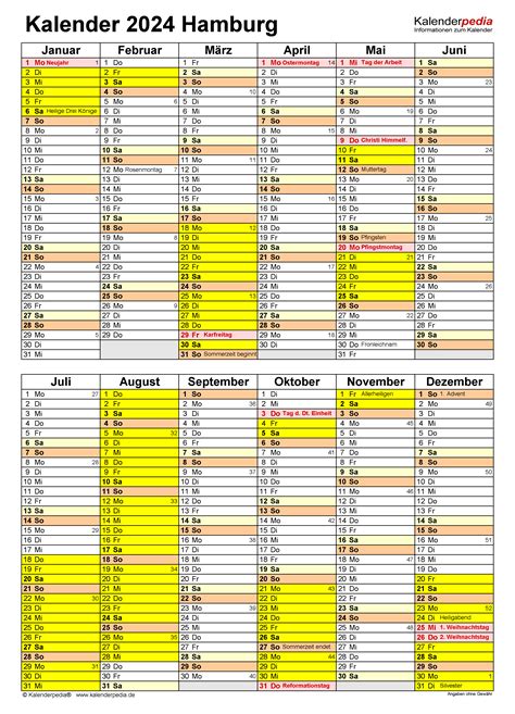 Kalender 2024 Hamburg Ferien Feiertage Excel Vorlagen