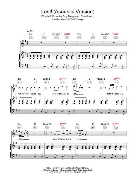Lost Acoustic Version Sheet Music Coldplay Piano Vocal And Guitar
