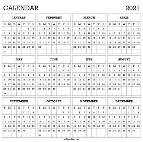 Editable Yearly Calendar 2021 Template 2021 Calendar Blank Template