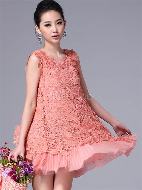 Sweet Floral Pleated Sleeveless Lace Womens Dress