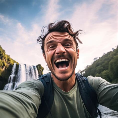premium ai image a man taking a selfie in front of the waterfall
