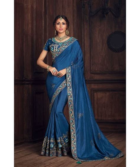 Indian Women Blue Poly Silk Heavy Embroidered Work Designer Saree Indian Women Fashions Pvt