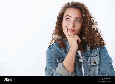 hmm interesting thought attractive plump body positive dreamy curly haired girl denim jacket