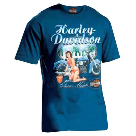 Harley Davidson Mens Short Sleeve T Shirt Bike Wash Pin Up Lady Blue