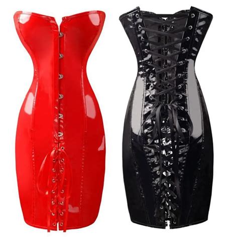 Red Sexy Corset Dress Latex Waist Cincher Steampunk Lace Up Corset Gothic Bustier Bodycon