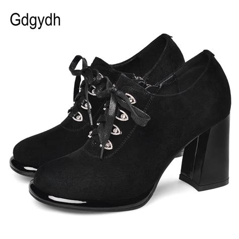 Gdgydh Genuine Leather Suede Shoes Women For Party High Quality Block Heel Cow Muscle Womens