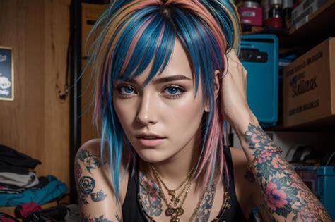 premium ai image a woman with colorful hair has colorful hair and tattoos on her arm
