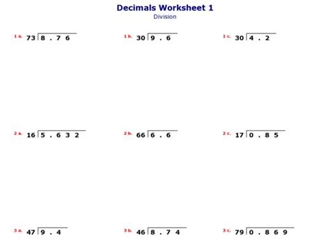 Dividing 2-digit Decimals By Whole Numbers Worksheet