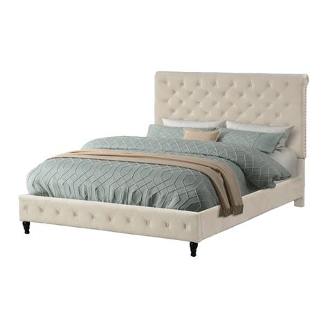 Best Master Furniture Ashley Tufted Velvet Fabric Queen Platform Bed In Beige