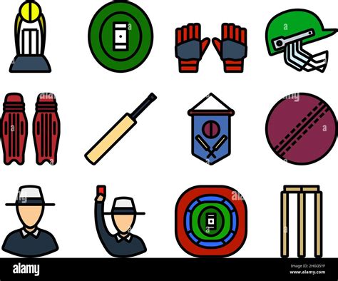 Cricket Icon Set Editable Bold Outline With Color Fill Design Vector