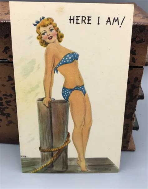 VINTAGE 1940 S LINEN Postcard Pin Up Pier Bikini Here I Am Bathing