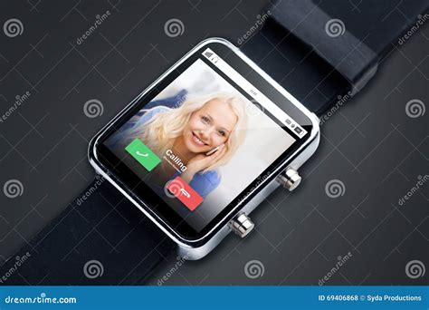 Close Up Of Black Smart Watch With Incoming Call Stock Photo Image Of