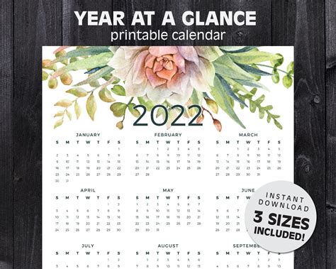 2022 Yearly Calendar At A Glance Succulents And Cactus Etsy
