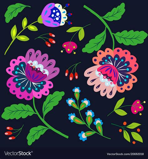Bright Cartoon Flowers On A Dark Royalty Free Vector Image