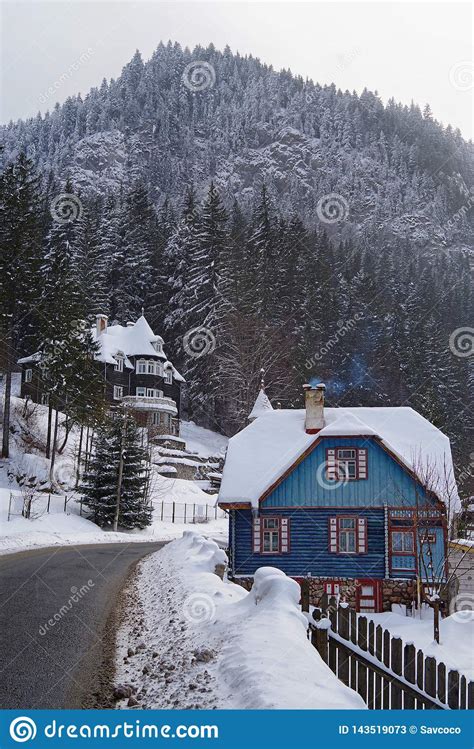 Winter Scene Snow Covered Houses And Forest Near Road Stock Image