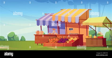 Outdoor Farm Market Stalls Wooden Fair Booths Or Kiosks With Striped Awning And Farmer Food