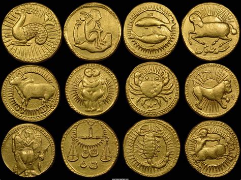Gold Coins Zodiac Mohur Mughal Moghul Empire Dynasty India Gold Coins