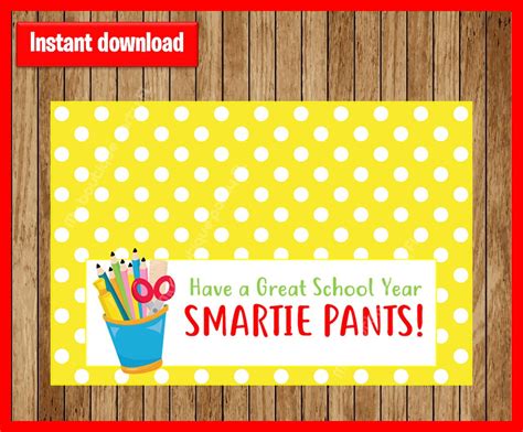 Back To School Treat Bag Tags Smartie Pants Printable Pdf Etsy