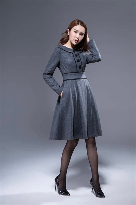 Winter Dress Women Dark Gray Wool Dress Knee Length Dress Etsy