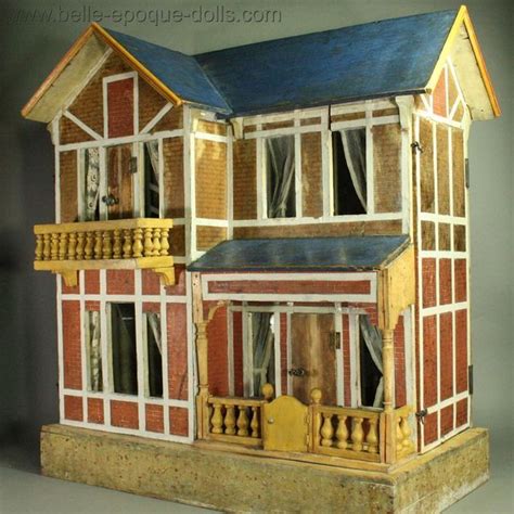 Antique Large Blue Roofed Dollhouse With Lithographed Paper And Rare