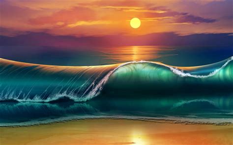 Download Wallpapers 4k Sea Sunset Coast Waves Artwork Creative